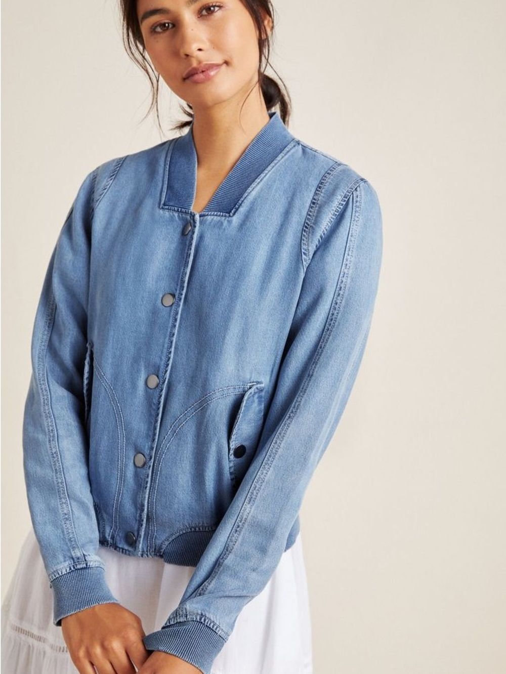Anthropologie Chambray Denim Bomber Jacket Medium Cottagecore Boho Lightweight